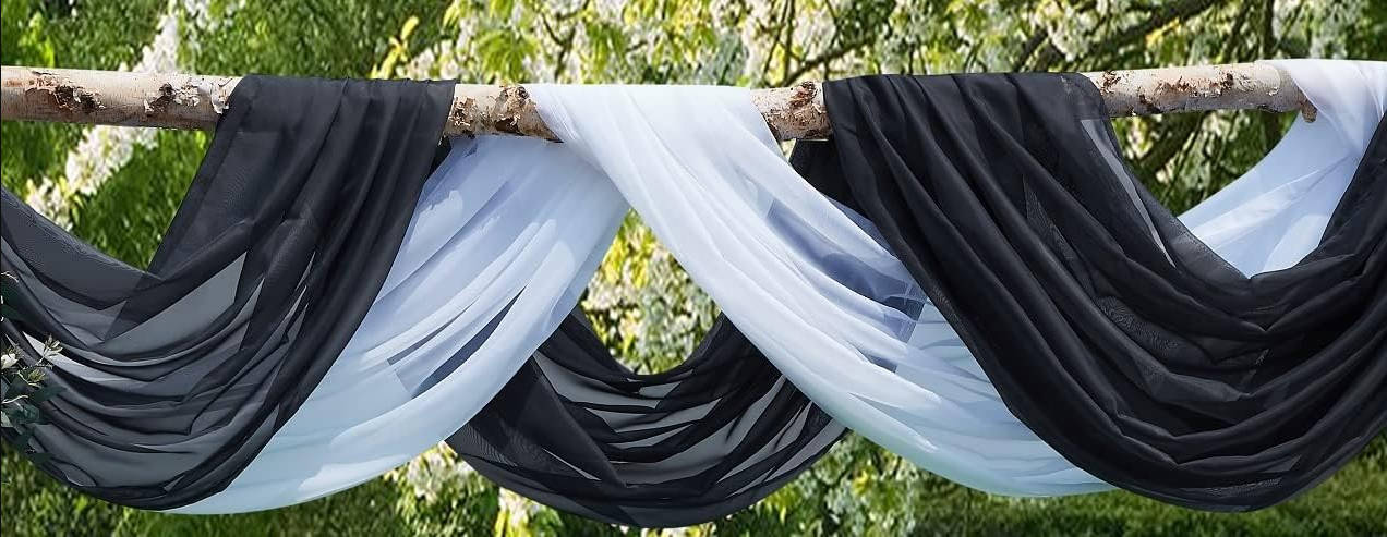 Wedding Arch Draping Fabric Bundle Has 2 216 Inch (18 Feet) Scarves in Black & White Fabric Colors for Wedding Decoration. AD White & Black 216”