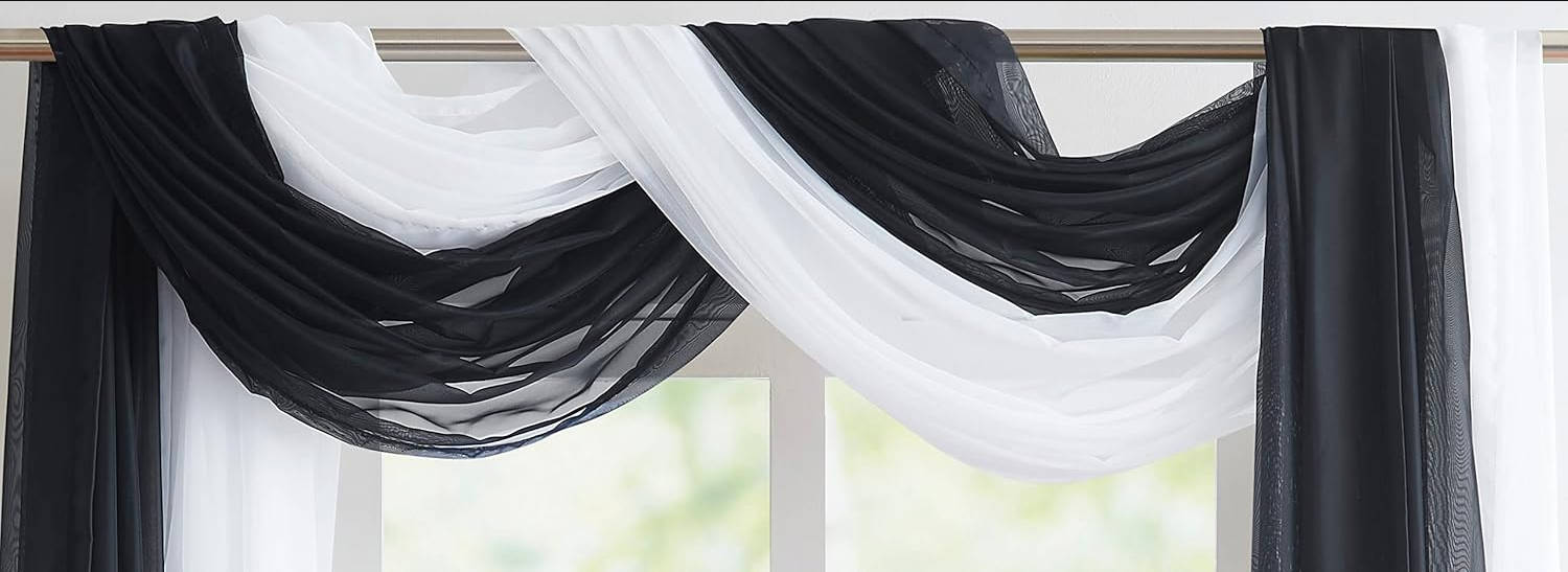 Wedding Arch Draping Fabric Bundle Has 2 216 Inch (18 Feet) Scarves in Black & White Fabric Colors for Wedding Decoration. AD White & Black 216”
