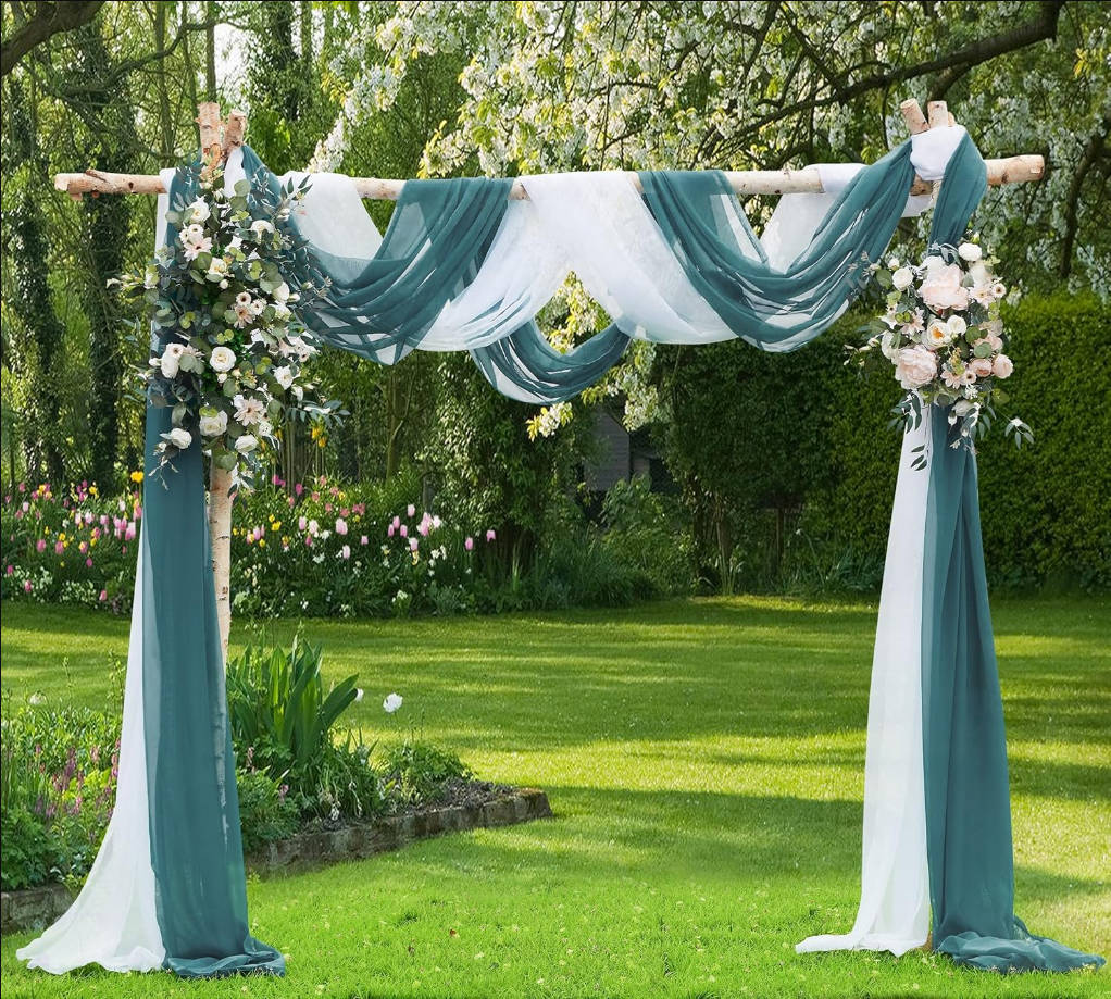 Wedding Arch Draping Fabric Bundle - 2 216-Inch (18 Feet) Scarves in Dusty Blue & White for Ceremony or Decoration. AD White & D Blue 216"