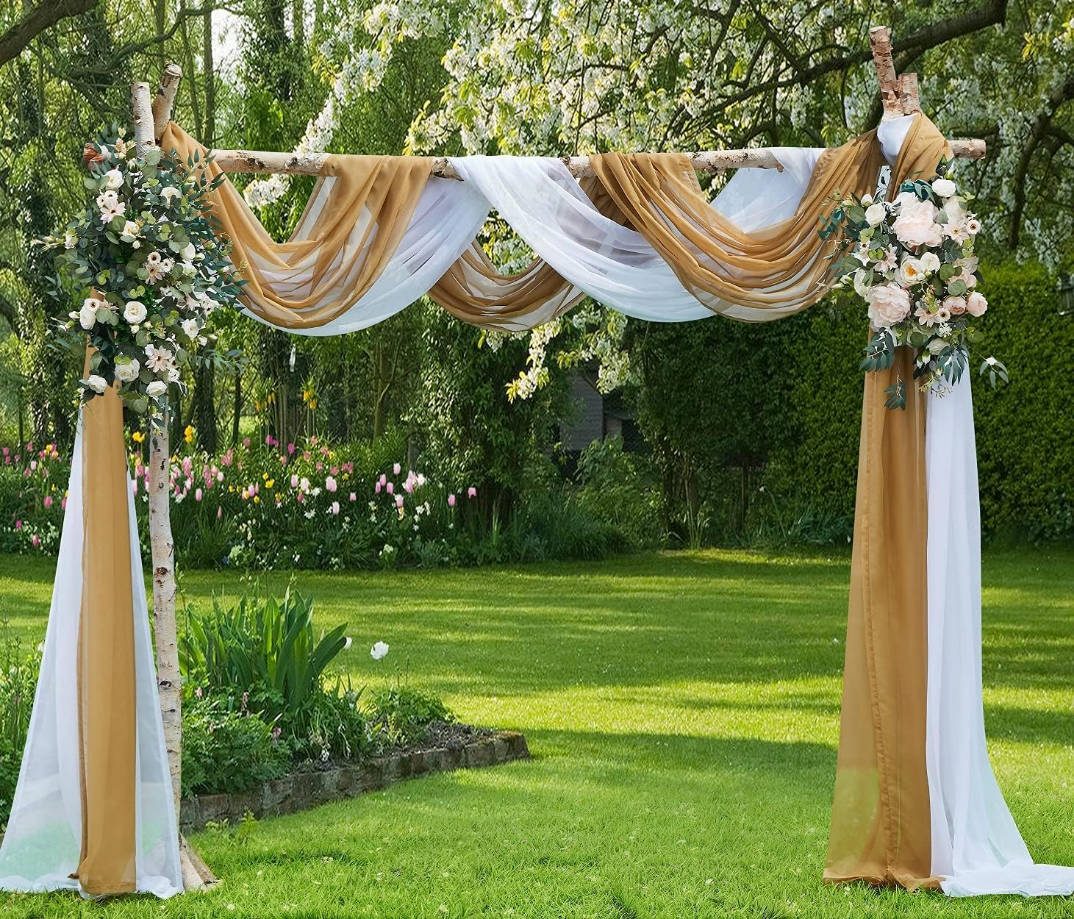 Wedding Arch Draping Fabric Bundle - 2 x 144 Inch (12 Feet) Scarves in Caramel Gold & White for Wedding Ceremony or Decoration. AD White & Gold 144”