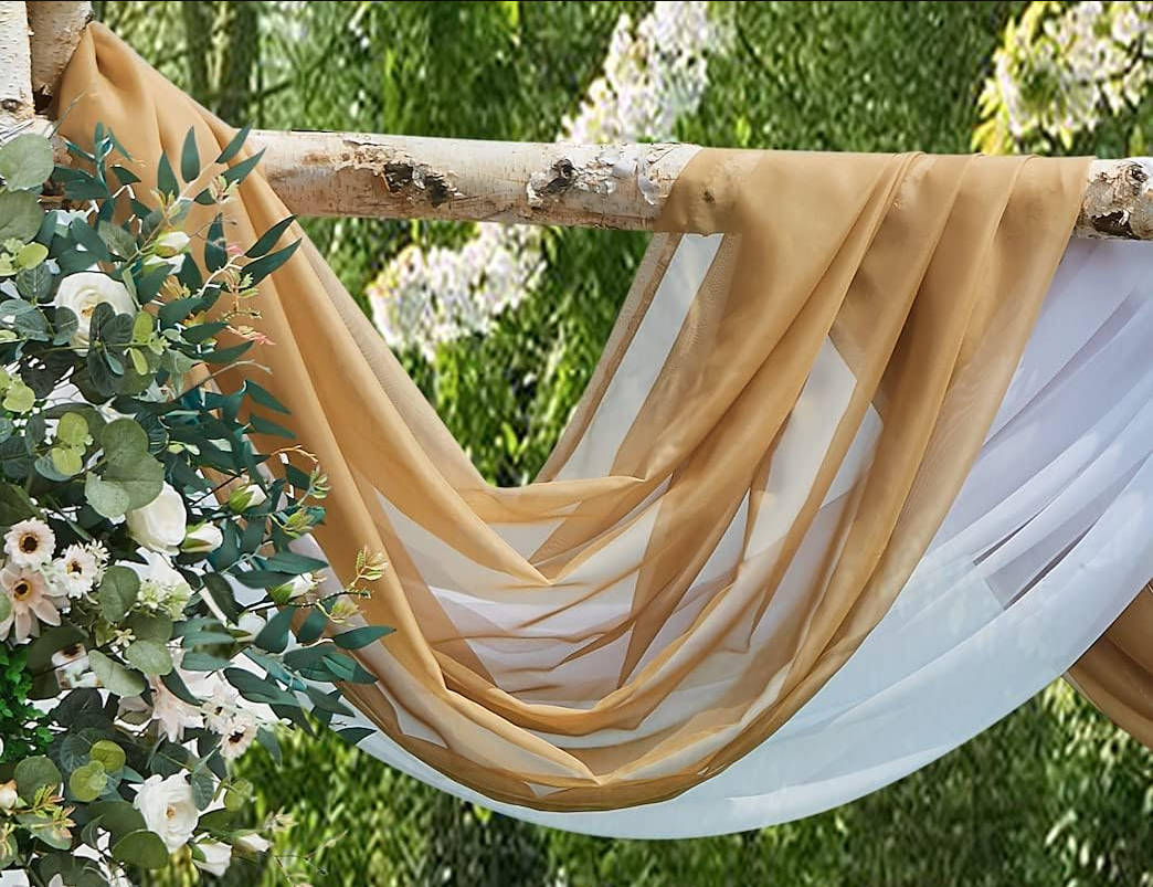 Wedding Arch Draping Fabric Bundle - 2 x 144 Inch (12 Feet) Scarves in Caramel Gold & White for Wedding Ceremony or Decoration. AD White & Gold 144”