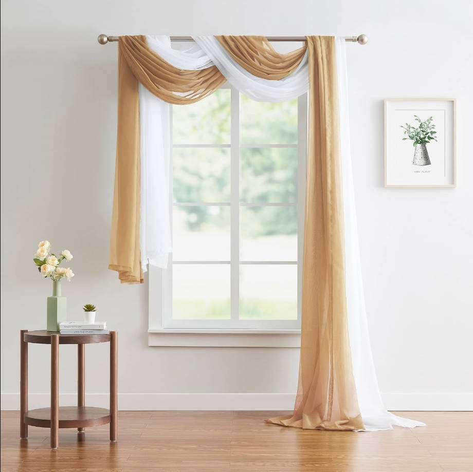 Wedding Arch Draping Fabric Bundle - 2 x 144 Inch (12 Feet) Scarves in Caramel Gold & White for Wedding Ceremony or Decoration. AD White & Gold 144”