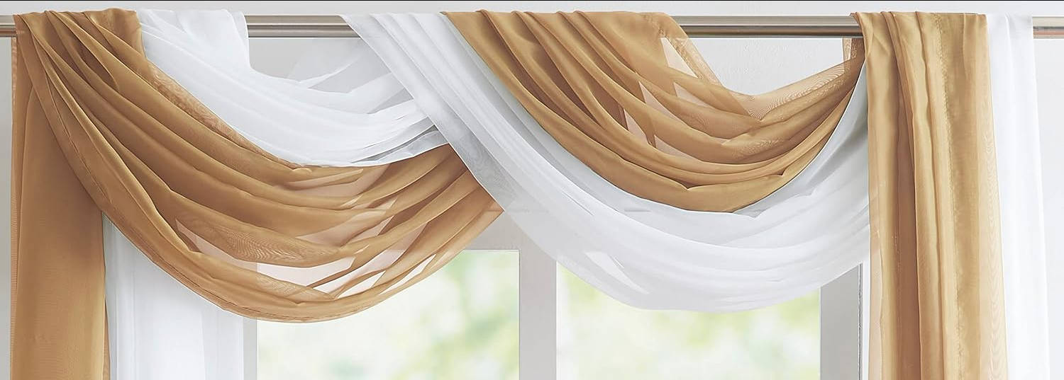 Wedding Arch Draping Fabric Bundle - 2 x 144 Inch (12 Feet) Scarves in Caramel Gold & White for Wedding Ceremony or Decoration. AD White & Gold 144”