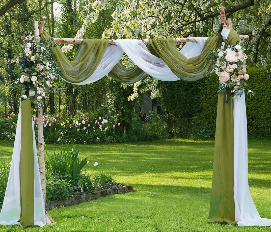 Wedding Arch Draping Fabric Bundle Has 2 144 Inch (12 Feet) Scarves in Sage Green & White Fabric for Wedding Fabric, Wedding Ceremony or Wedding Decoration. AD White & Sage 144”