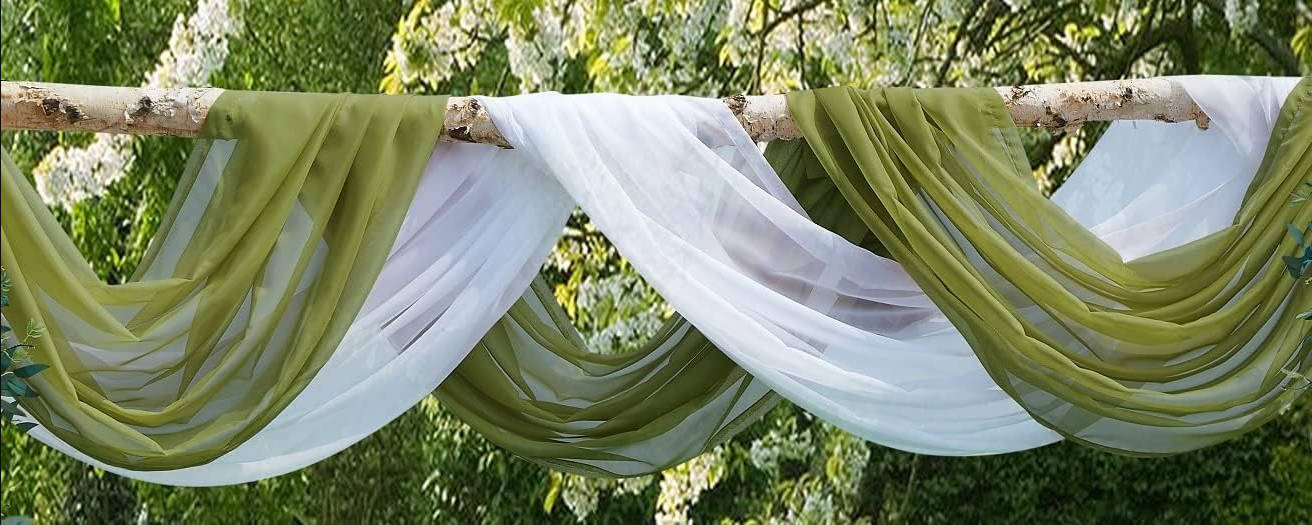 Wedding Arch Draping Fabric Bundle Has 2 144 Inch (12 Feet) Scarves in Sage Green & White Fabric for Wedding Fabric, Wedding Ceremony or Wedding Decoration. AD White & Sage 144”