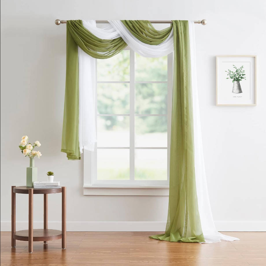 Wedding Arch Draping Fabric Bundle Has 2 144 Inch (12 Feet) Scarves in Sage Green & White Fabric for Wedding Fabric, Wedding Ceremony or Wedding Decoration. AD White & Sage 144”