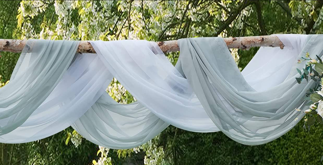 Wedding Arch Draping Fabric Bundle - 2 x 144 Inch (12 Feet) Scarves in Silver & White. AD White & Silver 144”