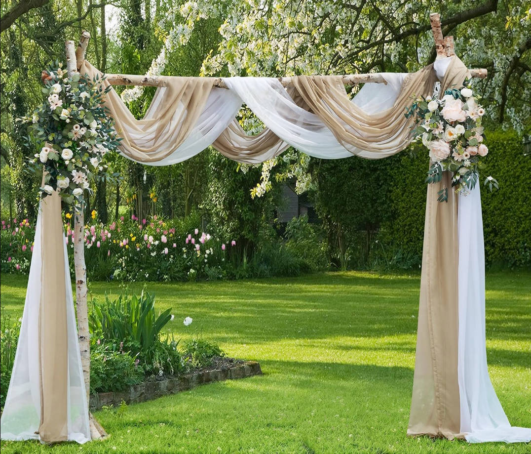 Wedding Arch Draping Fabric Bundle - 2 x 144 Inch (12 Feet) Scarves in White & Brown