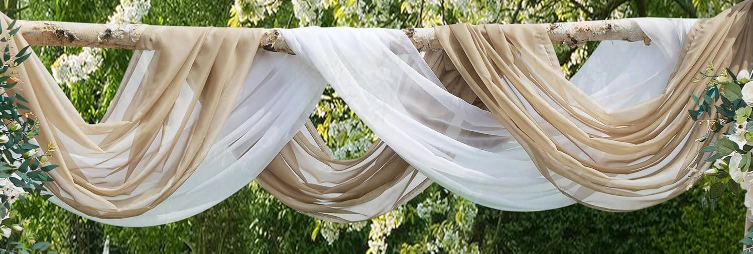 Wedding Arch Draping Fabric Bundle - 2 x 144 Inch (12 Feet) Scarves in White & Brown