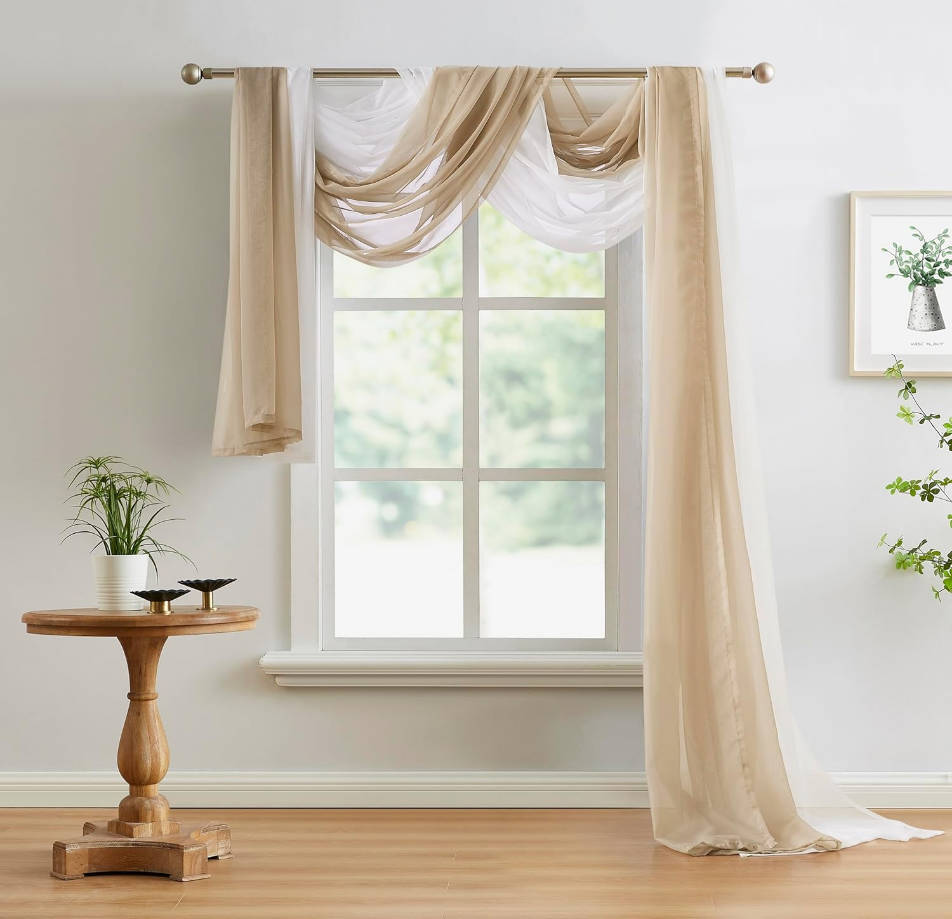 Wedding Arch Draping Fabric Bundle - 2 x 144 Inch (12 Feet) Scarves in White & Brown