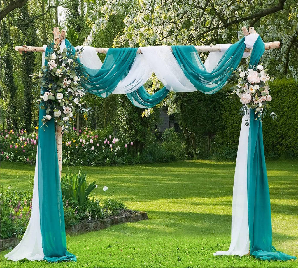 Wedding Arch Draping Fabric Bundle Has 2 144 Inch (12 Feet) Scarves in Teal & White Fabric Color for Wedding Fabric, Wedding Ceremony or Wedding Decoration. AD White & Teal 144”
