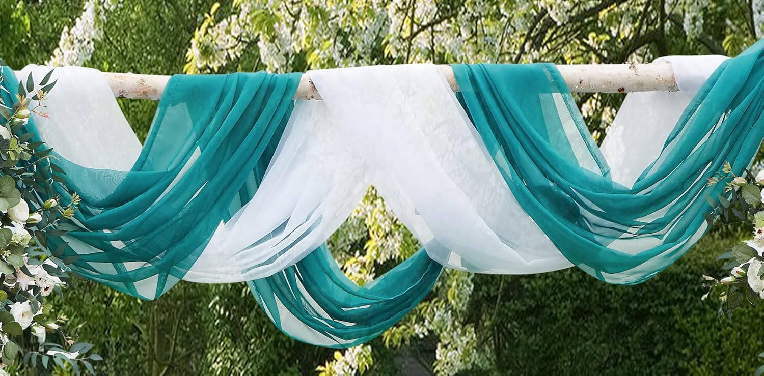 Wedding Arch Draping Fabric Bundle Has 2 144 Inch (12 Feet) Scarves in Teal & White Fabric Color for Wedding Fabric, Wedding Ceremony or Wedding Decoration. AD White & Teal 144”