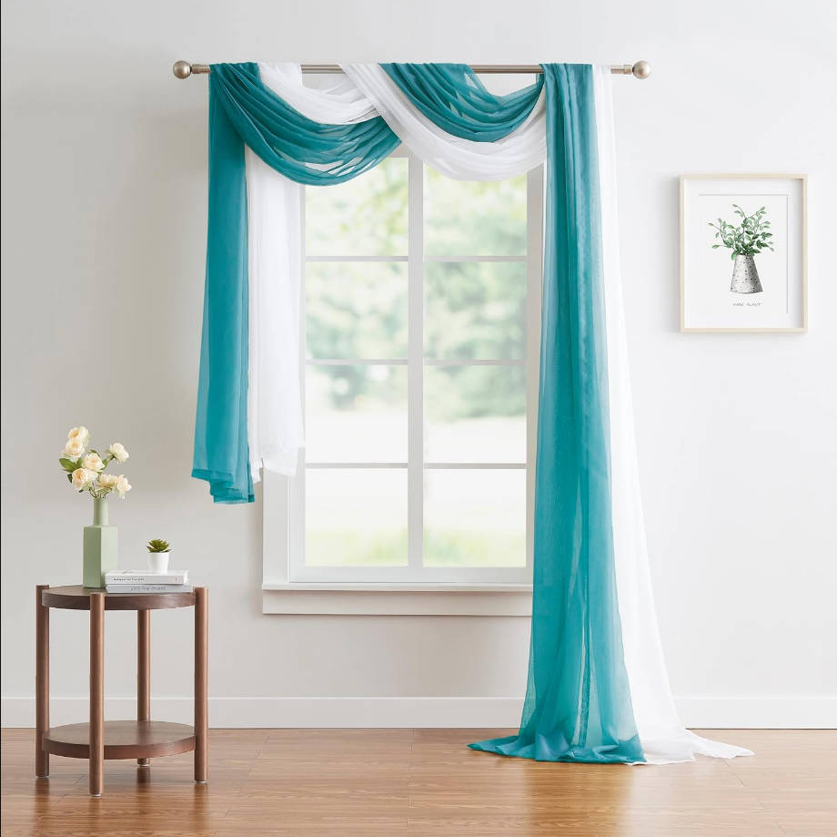 Wedding Arch Draping Fabric Bundle Has 2 144 Inch (12 Feet) Scarves in Teal & White Fabric Color for Wedding Fabric, Wedding Ceremony or Wedding Decoration. AD White & Teal 144”