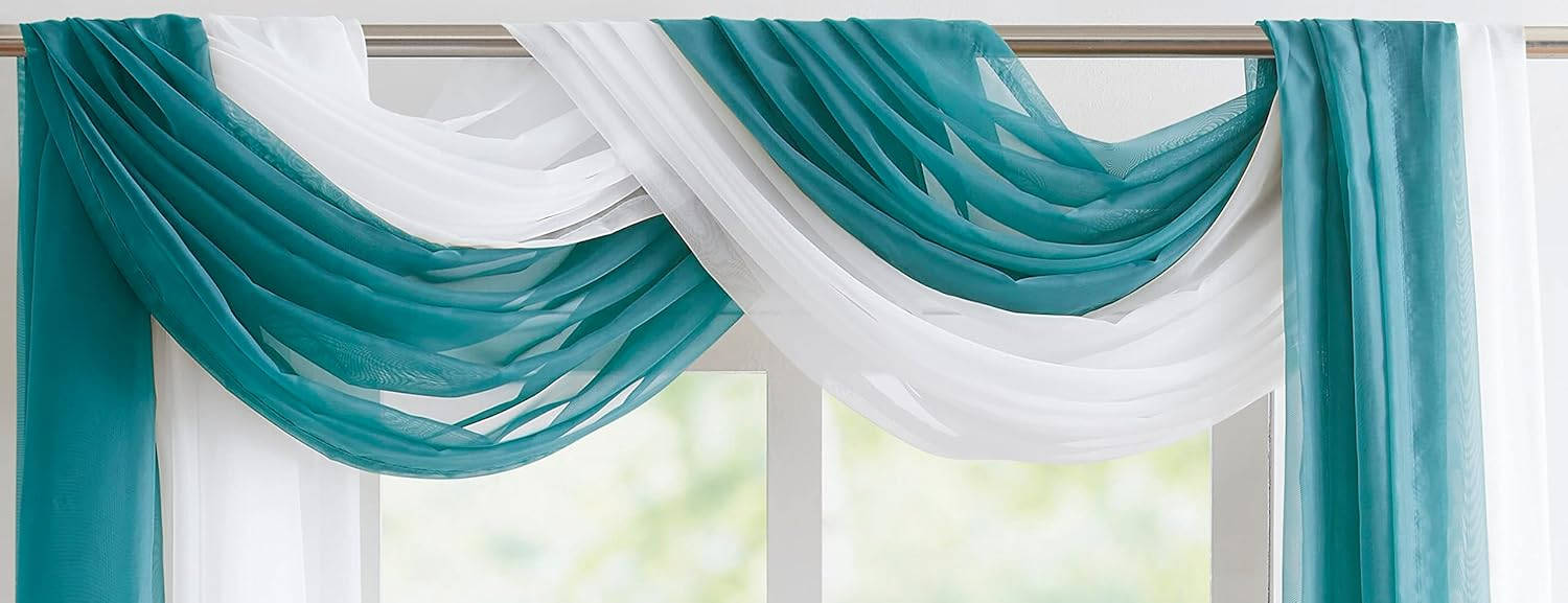 Wedding Arch Draping Fabric Bundle Has 2 144 Inch (12 Feet) Scarves in Teal & White Fabric Color for Wedding Fabric, Wedding Ceremony or Wedding Decoration. AD White & Teal 144”
