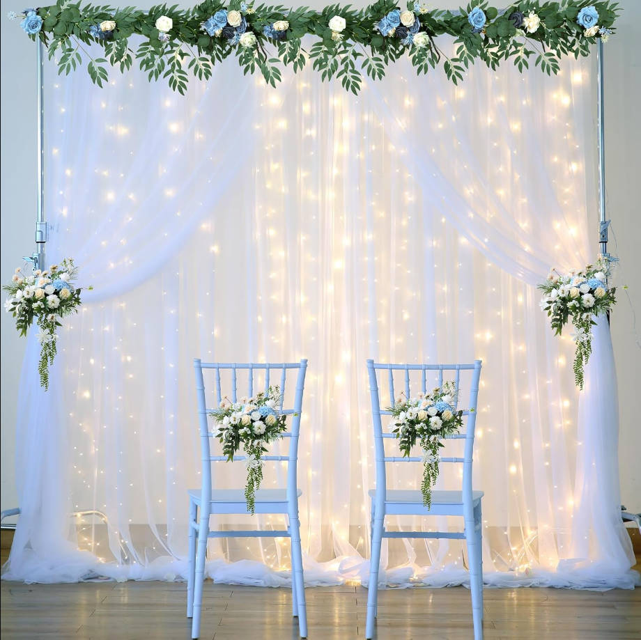 White Tulle Backdrop Curtain with Lights String for Parites 10×8ft Sheer Backdrop Curtains White Curtain Backdrop for Wedding Baby Shower Birthday Party Photo Shoot Decorations(2 Panels 10ft×8ft)