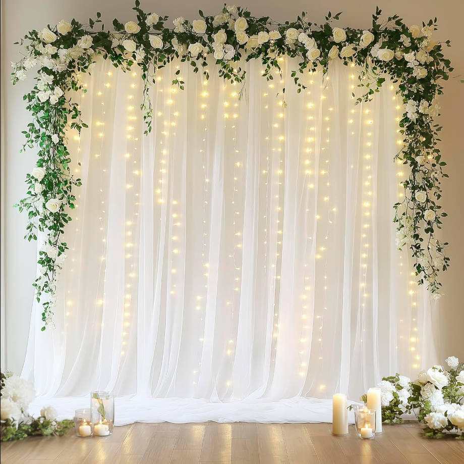 White Tulle Backdrop Curtains with Lights String 10FT X 10FT Sheer Curtains with Lights Tulle Curtains Backdrop for Wedding Birthday Party Photo Shoot (2 Panels 5x10FT)