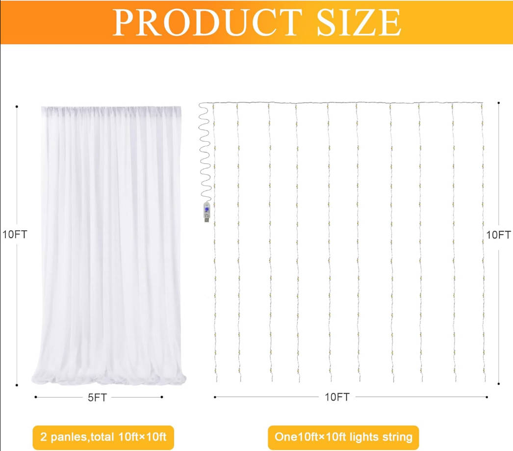 White Tulle Backdrop Curtains with Lights String 10FT X 10FT Sheer Curtains with Lights Tulle Curtains Backdrop for Wedding Birthday Party Photo Shoot (2 Panels 5x10FT)