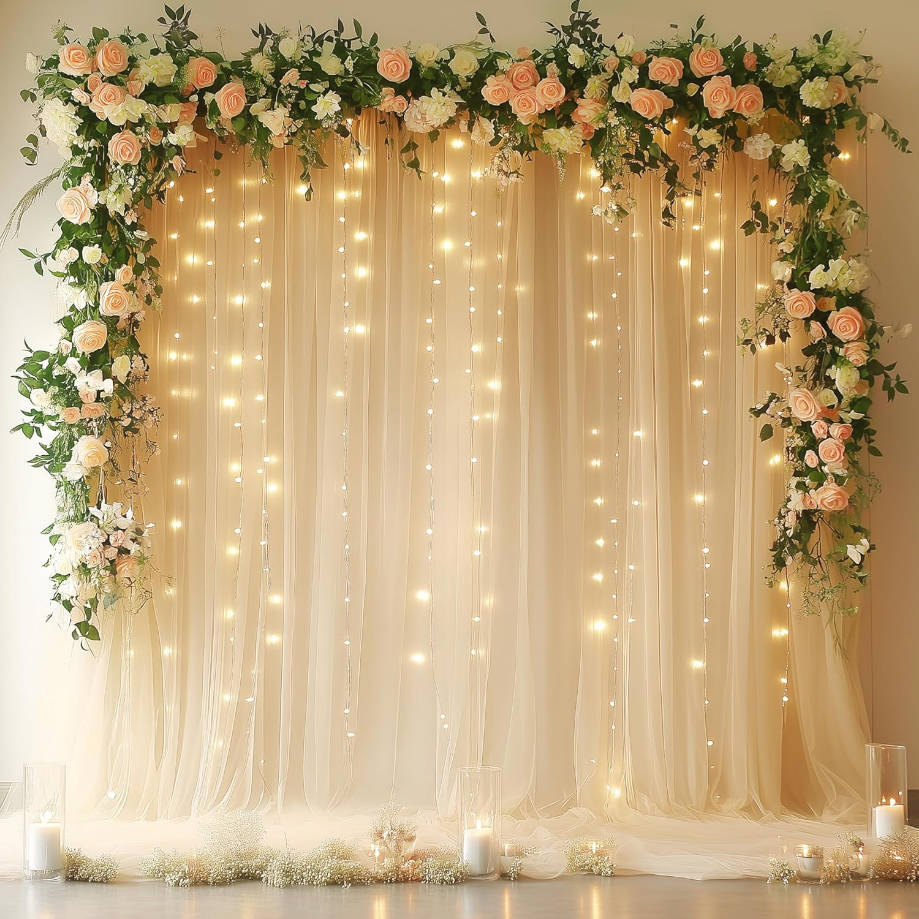 Champagne Tulle Backdrop Curtains with Lights String 10FT X 10FT Sheer Curtains with Lights Tulle Curtains Backdrop for Wedding Birthday Party Photo Shoot (2 Panels 5x10FT)