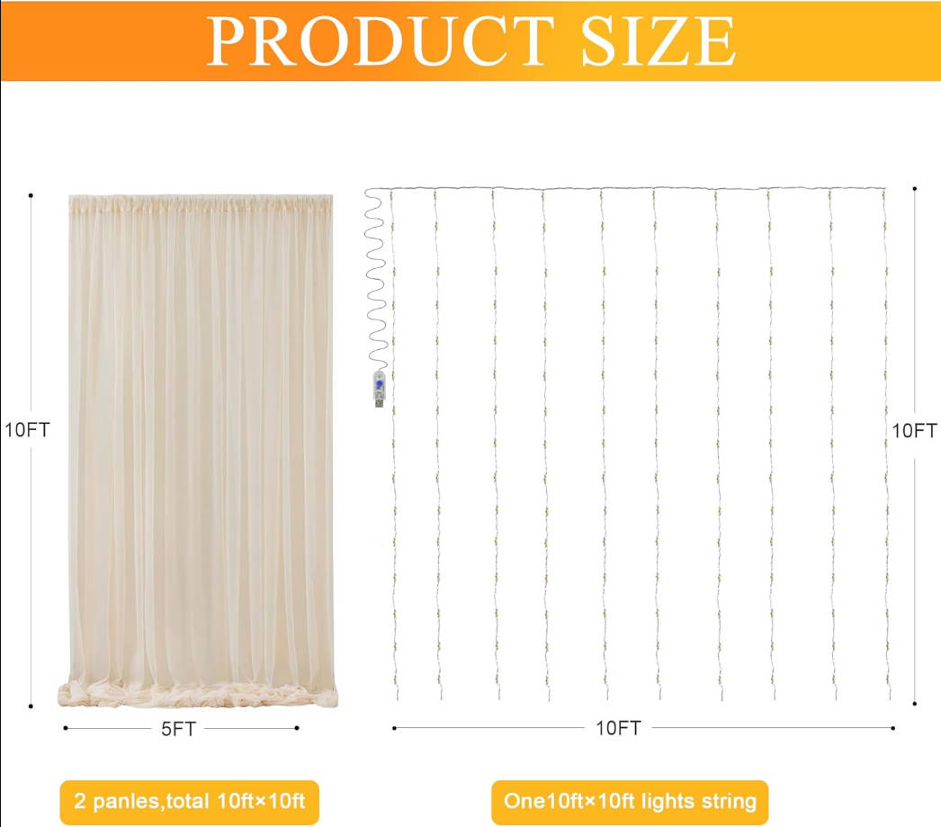 Champagne Tulle Backdrop Curtains with Lights String 10FT X 10FT Sheer Curtains with Lights Tulle Curtains Backdrop for Wedding Birthday Party Photo Shoot (2 Panels 5x10FT)