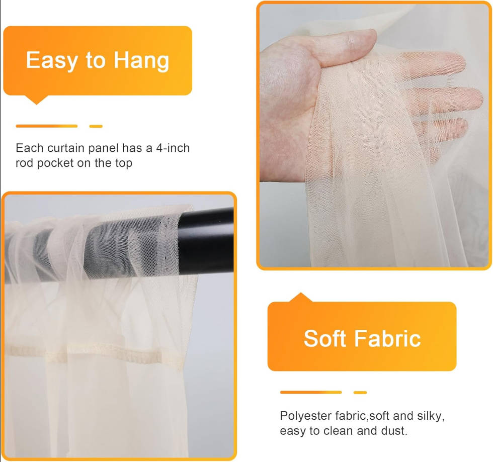 Champagne Tulle Backdrop Curtains with Lights String 10FT X 10FT Sheer Curtains with Lights Tulle Curtains Backdrop for Wedding Birthday Party Photo Shoot (2 Panels 5x10FT)