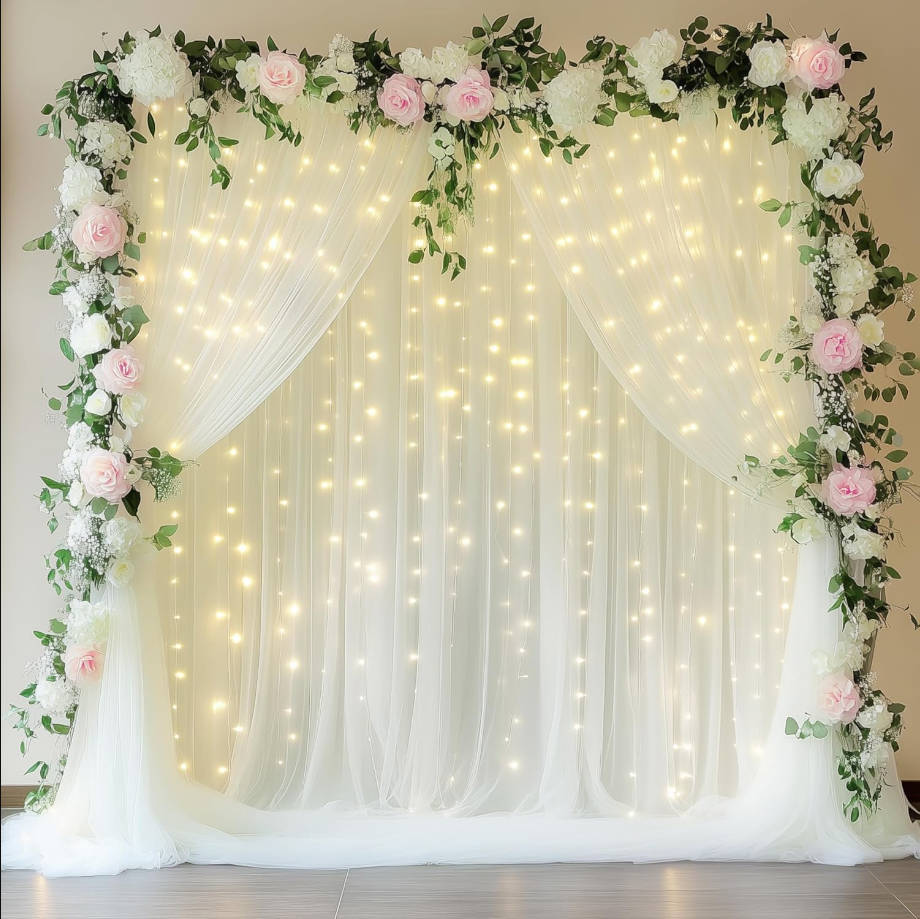 Ivory Tulle Backdrop Curtains with Lights String 10FT X 10FT Sheer Curtains with Lights Tulle Curtains Backdrop for Wedding Birthday Party Photo Shoot (2 Panels 5x10FT)