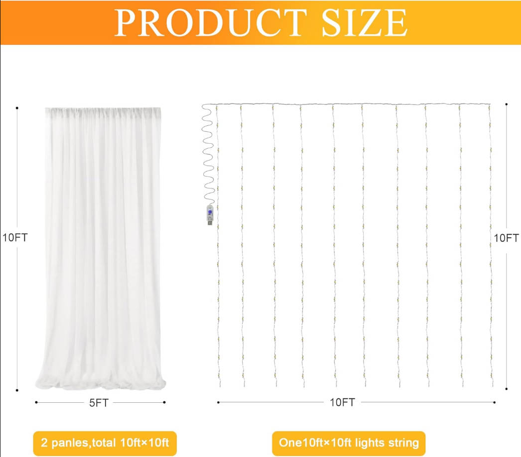 Ivory Tulle Backdrop Curtains with Lights String 10FT X 10FT Sheer Curtains with Lights Tulle Curtains Backdrop for Wedding Birthday Party Photo Shoot (2 Panels 5x10FT)