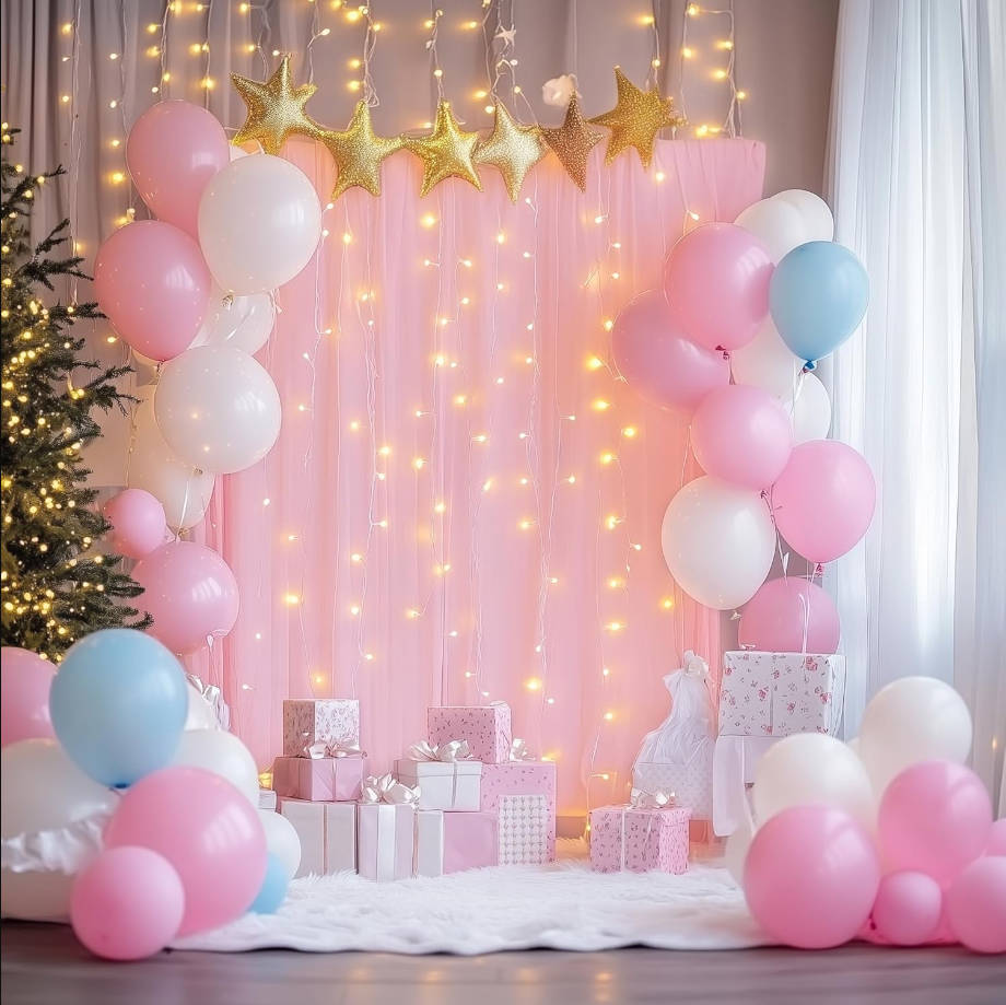 Pink Tulle Backdrop Curtains with Lights String 10FT X 10FT Sheer Curtains with Lights Tulle Curtains Backdrop for Wedding Birthday Party Photo Shoot (2 Panels 5x10FT)