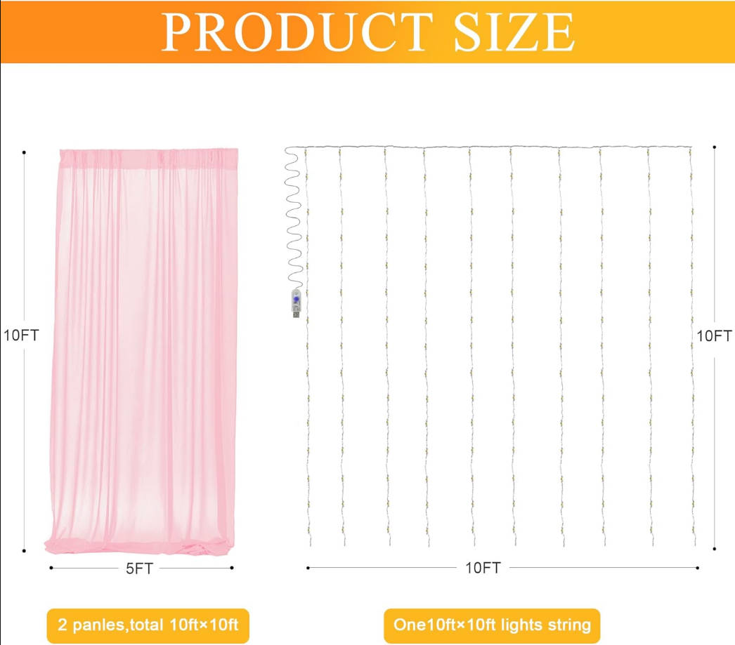 Pink Tulle Backdrop Curtains with Lights String 10FT X 10FT Sheer Curtains with Lights Tulle Curtains Backdrop for Wedding Birthday Party Photo Shoot (2 Panels 5x10FT)