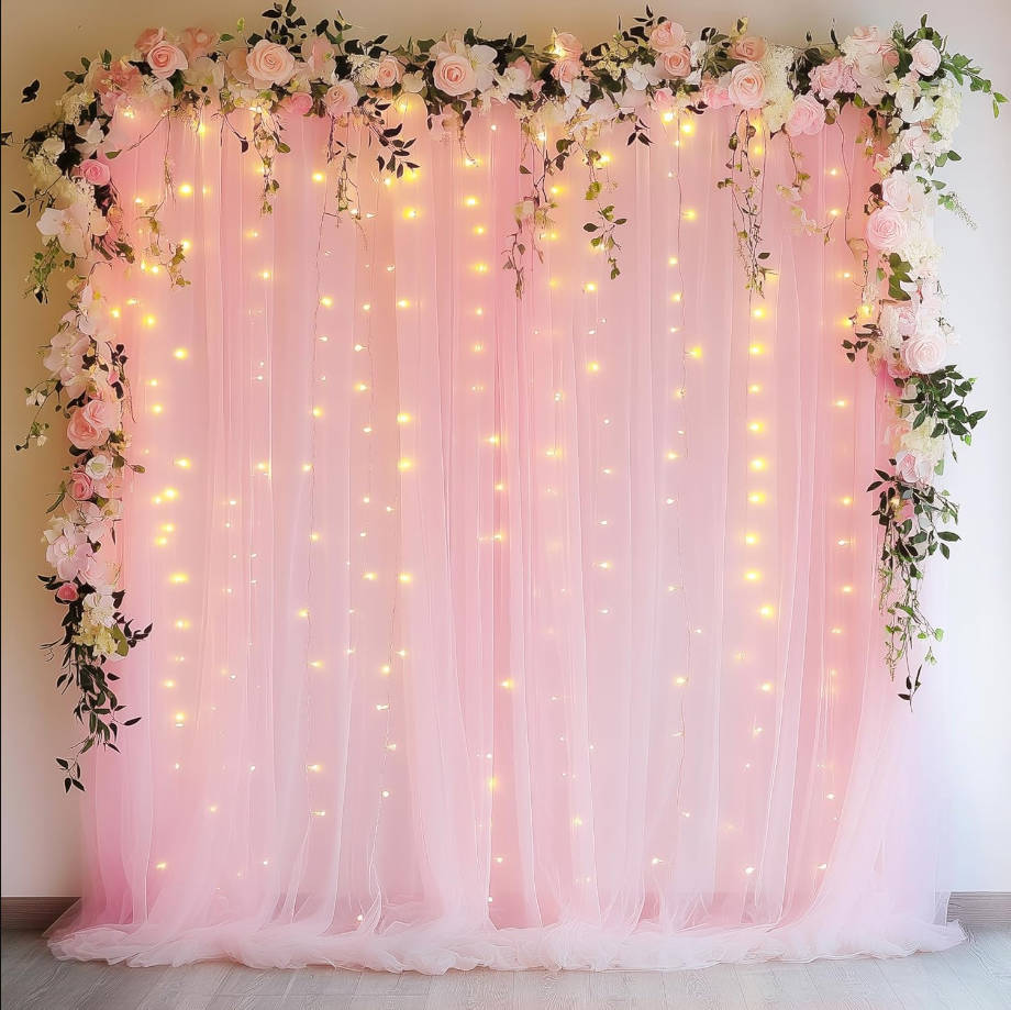Pink Tulle Backdrop Curtains with Lights String 10FT X 10FT Sheer Curtains with Lights Tulle Curtains Backdrop for Wedding Birthday Party Photo Shoot (2 Panels 5x10FT)