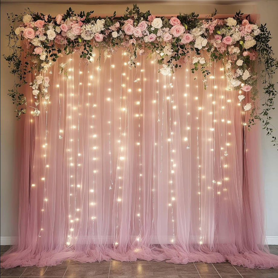 Dusty Rose Tulle Backdrop Curtains with Lights String 10FT X 10FT Sheer Curtains with Lights Tulle Curtain Backdrop for Wedding Birthday Party Photo Shoot (2 Panels 5x10FT)