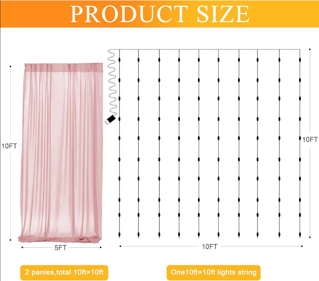 Dusty Rose Tulle Backdrop Curtains with Lights String 10FT X 10FT Sheer Curtains with Lights Tulle Curtain Backdrop for Wedding Birthday Party Photo Shoot (2 Panels 5x10FT)