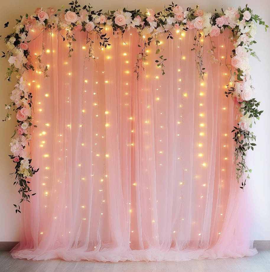 Peach Tulle Backdrop Curtains with Lights String 10FT X 10FT Sheer Curtain with Lights for Backdrop Tulle Curtain for Wedding Birthday Party Photo Shoot (2 Panels 5x10FT)