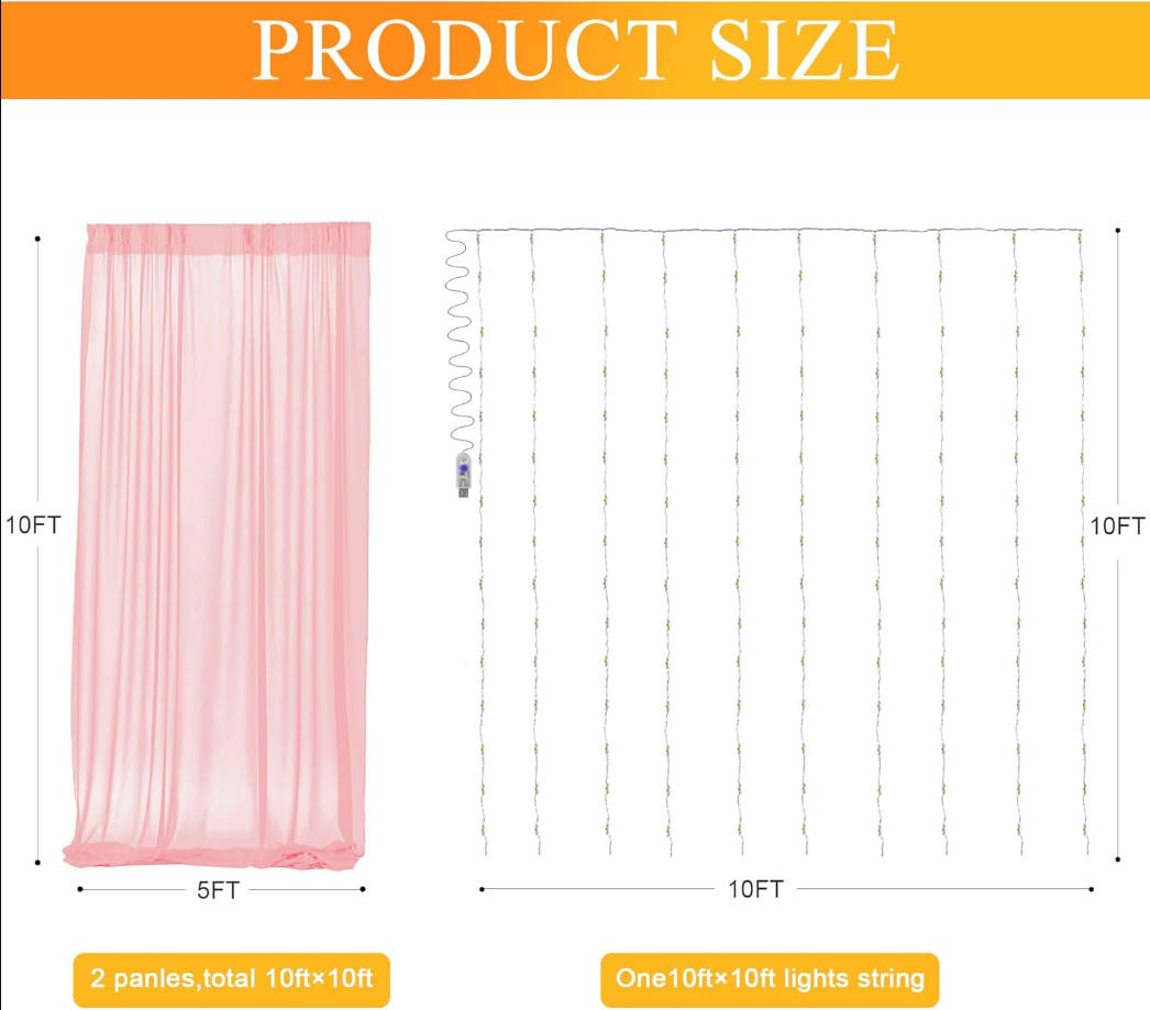 Peach Tulle Backdrop Curtains with Lights String 10FT X 10FT Sheer Curtain with Lights for Backdrop Tulle Curtain for Wedding Birthday Party Photo Shoot (2 Panels 5x10FT)
