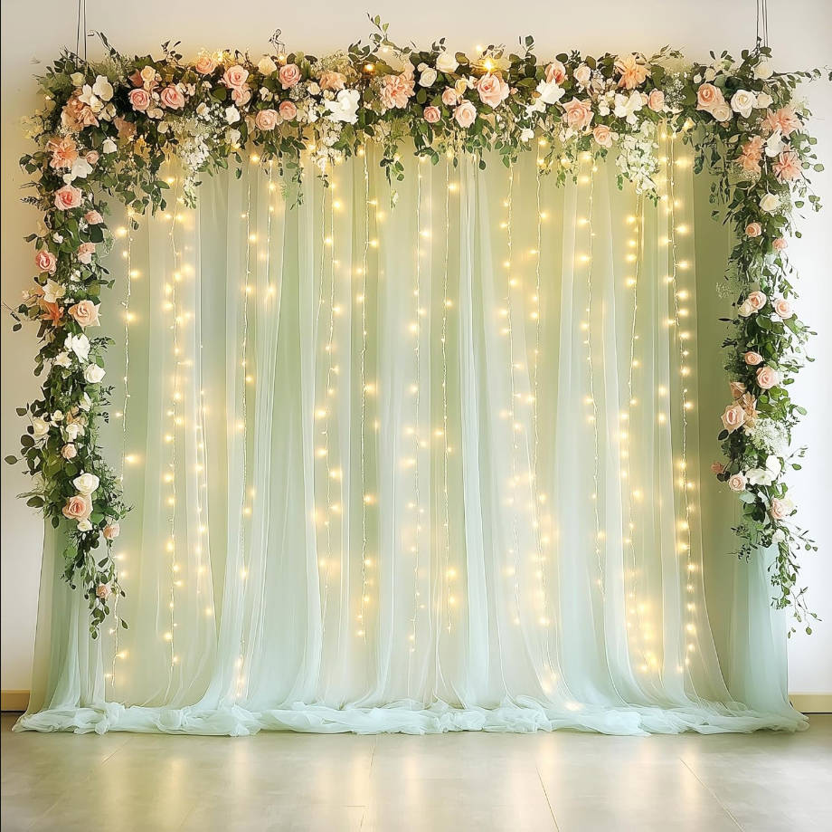 Sage Green Tulle Backdrop Curtains with Lights String 10FT X 10FT Sheer Curtain with Lights Tulle Curtains Backdrop for Wedding Birthday Party Photo Shoot (2 Panels 5x10FT)