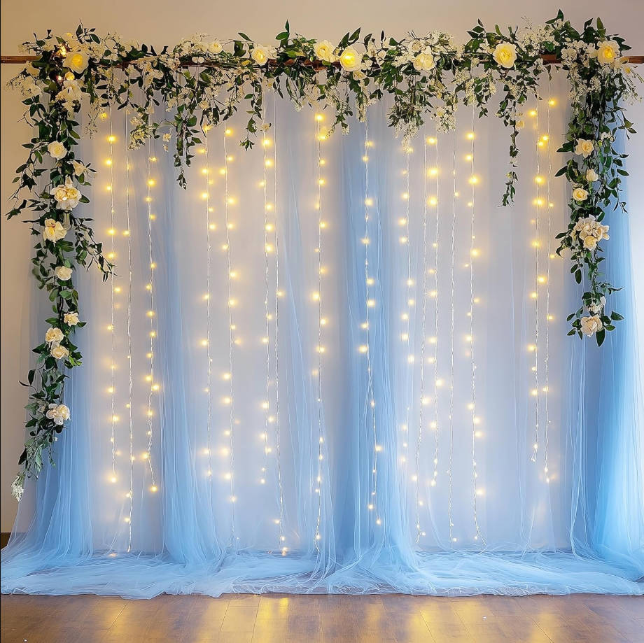 Tulle Backdrop Curtains with Lights String Baby Blue 10FT X 10FT Sheer Curtains with Lights Tulle Curtain Backdrop for Wedding Birthday Party Photo Shoot (2 Panels 5x10FT)