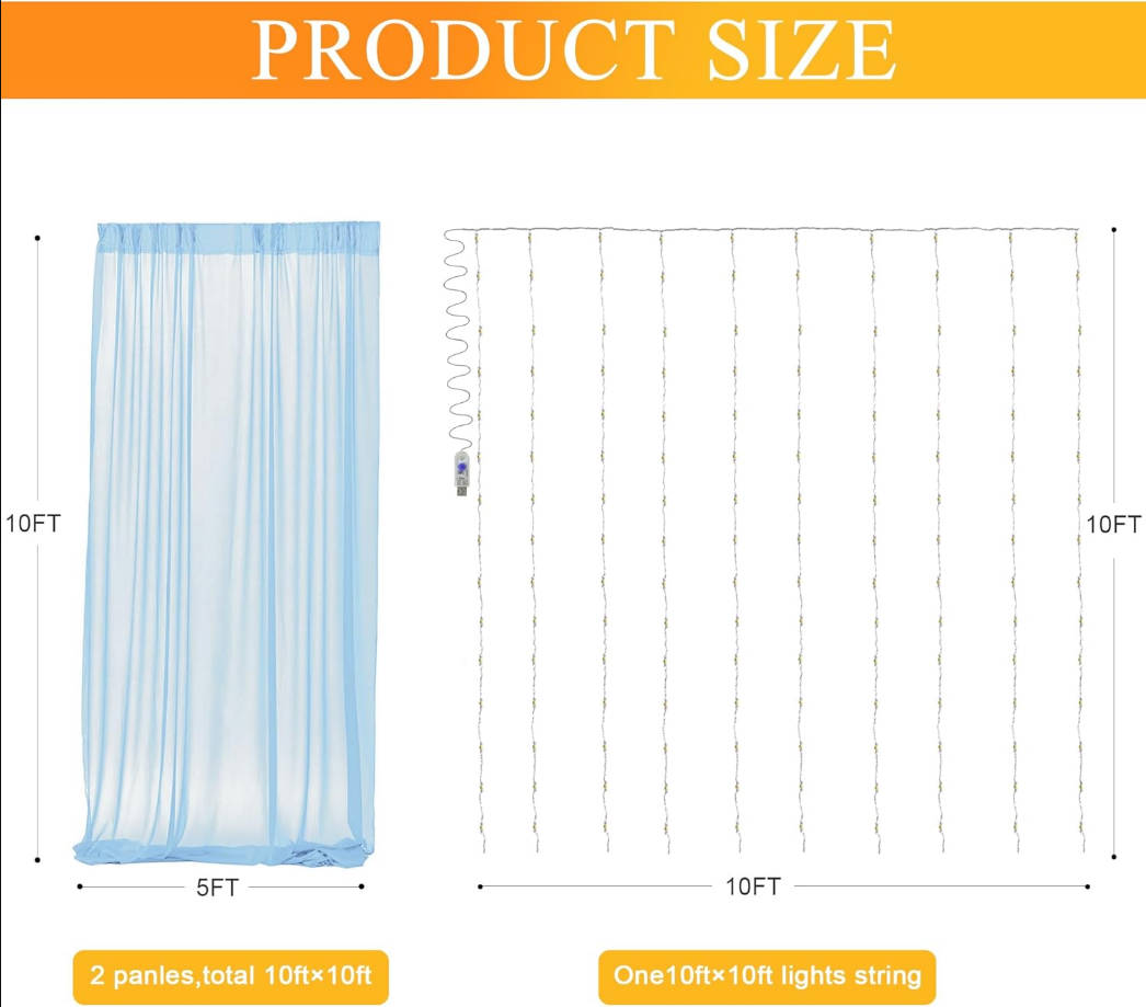 Tulle Backdrop Curtains with Lights String Baby Blue 10FT X 10FT Sheer Curtains with Lights Tulle Curtain Backdrop for Wedding Birthday Party Photo Shoot (2 Panels 5x10FT)
