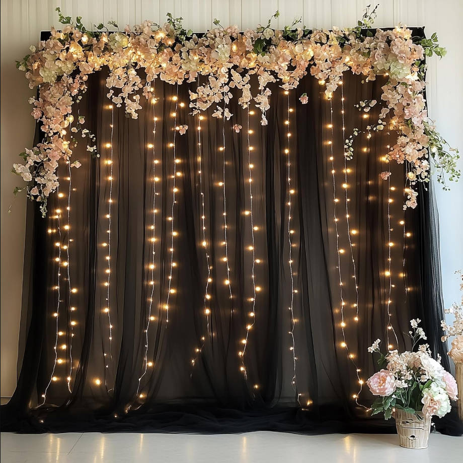 Black Tulle Backdrop Curtains with Lights String 10FT X 10FT Sheer Curtains with Lights Tulle Curtain Backdrop for Wedding Birthday Party Photo Shoot (2 Panels 5x10FT)