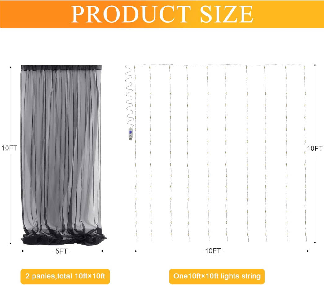Black Tulle Backdrop Curtains with Lights String 10FT X 10FT Sheer Curtains with Lights Tulle Curtain Backdrop for Wedding Birthday Party Photo Shoot (2 Panels 5x10FT)
