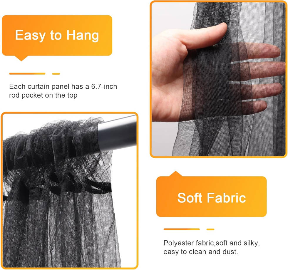 Black Tulle Backdrop Curtains with Lights String 10FT X 10FT Sheer Curtains with Lights Tulle Curtain Backdrop for Wedding Birthday Party Photo Shoot (2 Panels 5x10FT)