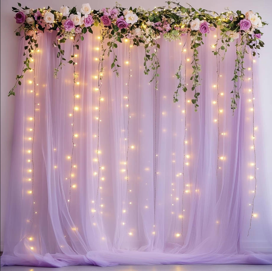 Lavender Tulle Backdrop Curtains with Lights String 10FT X 10FT Sheer Curtain with Lights Tulle Curtains Backdrop for Wedding Birthday Party Photo Shoot (2 Panels 5x10FT)