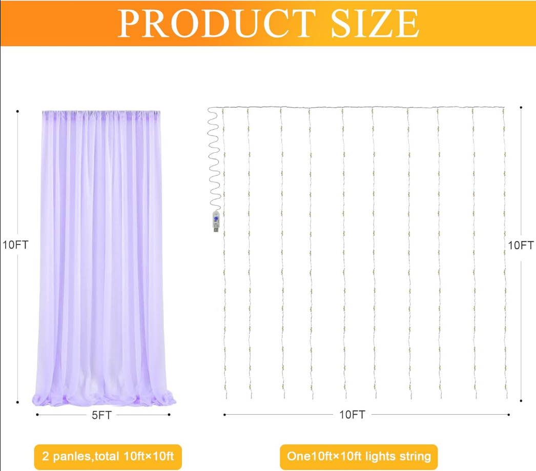 Lavender Tulle Backdrop Curtains with Lights String 10FT X 10FT Sheer Curtain with Lights Tulle Curtains Backdrop for Wedding Birthday Party Photo Shoot (2 Panels 5x10FT)