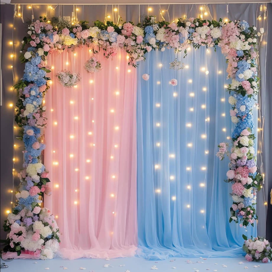 Tulle Curtains with Lights String Pink and Blue 10FT X 10FT Sheer Backdrop Curtains for Parties Wedding Baby Shower Photo Shoot Decorations (2 Panels 5 x 10FT)