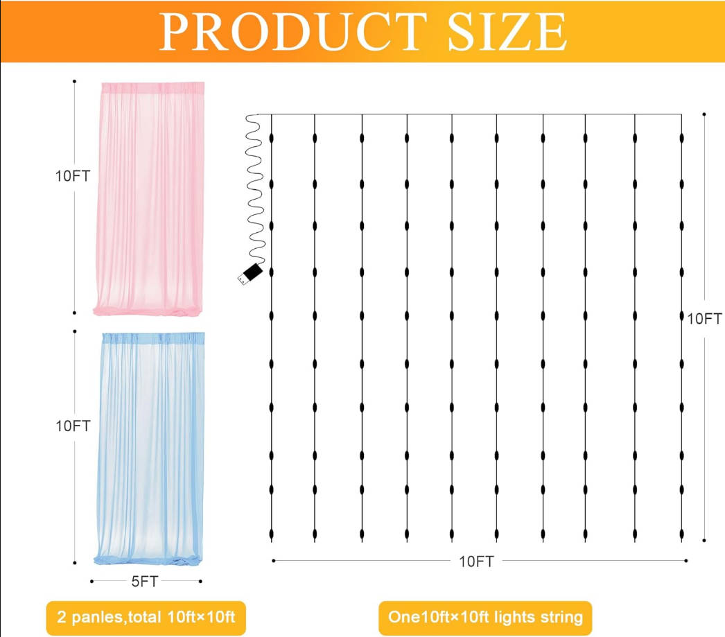 Tulle Curtains with Lights String Pink and Blue 10FT X 10FT Sheer Backdrop Curtains for Parties Wedding Baby Shower Photo Shoot Decorations (2 Panels 5 x 10FT)