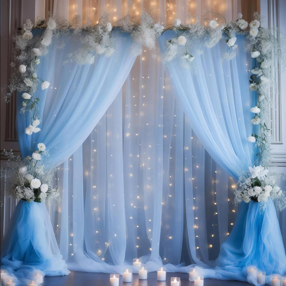 20x10ft Baby Blue Tulle Backdrop Curtain with Lights String for Parites, Sheer Backdrop Curtains for Wedding Baby Shower Birthday Party Photo Shoot Decorations