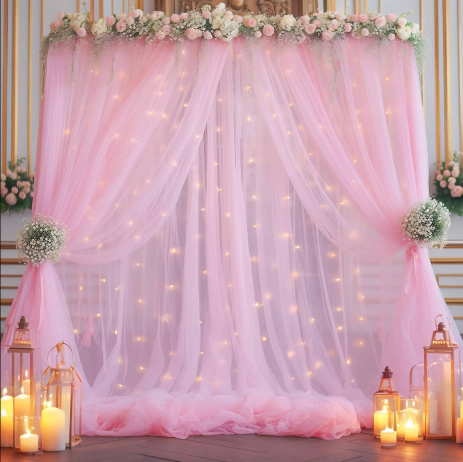 20x10ft Baby Pink Tulle Backdrop Curtain with Lights String for Parites, Sheer Backdrop Curtains for Wedding Baby Shower Birthday Party Photo Shoot Decorations