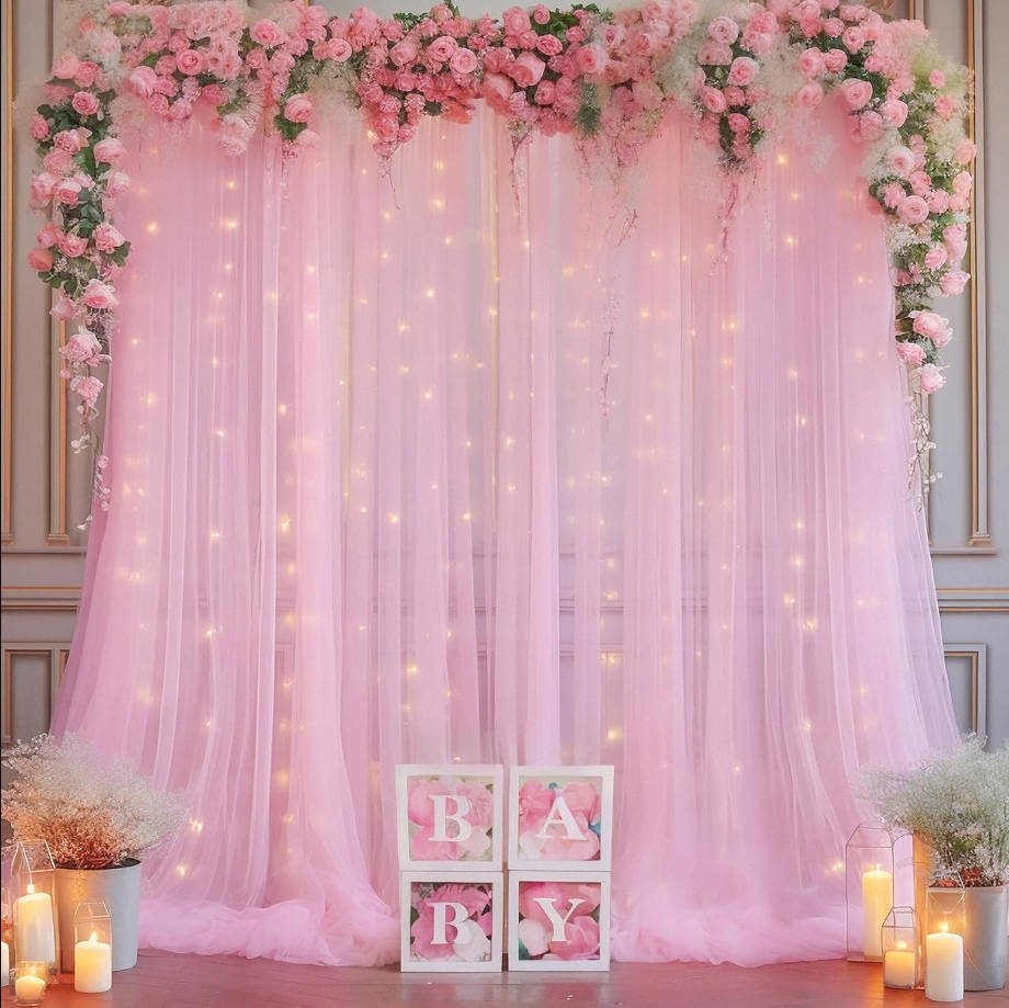 20x10ft Baby Pink Tulle Backdrop Curtain with Lights String for Parites, Sheer Backdrop Curtains for Wedding Baby Shower Birthday Party Photo Shoot Decorations