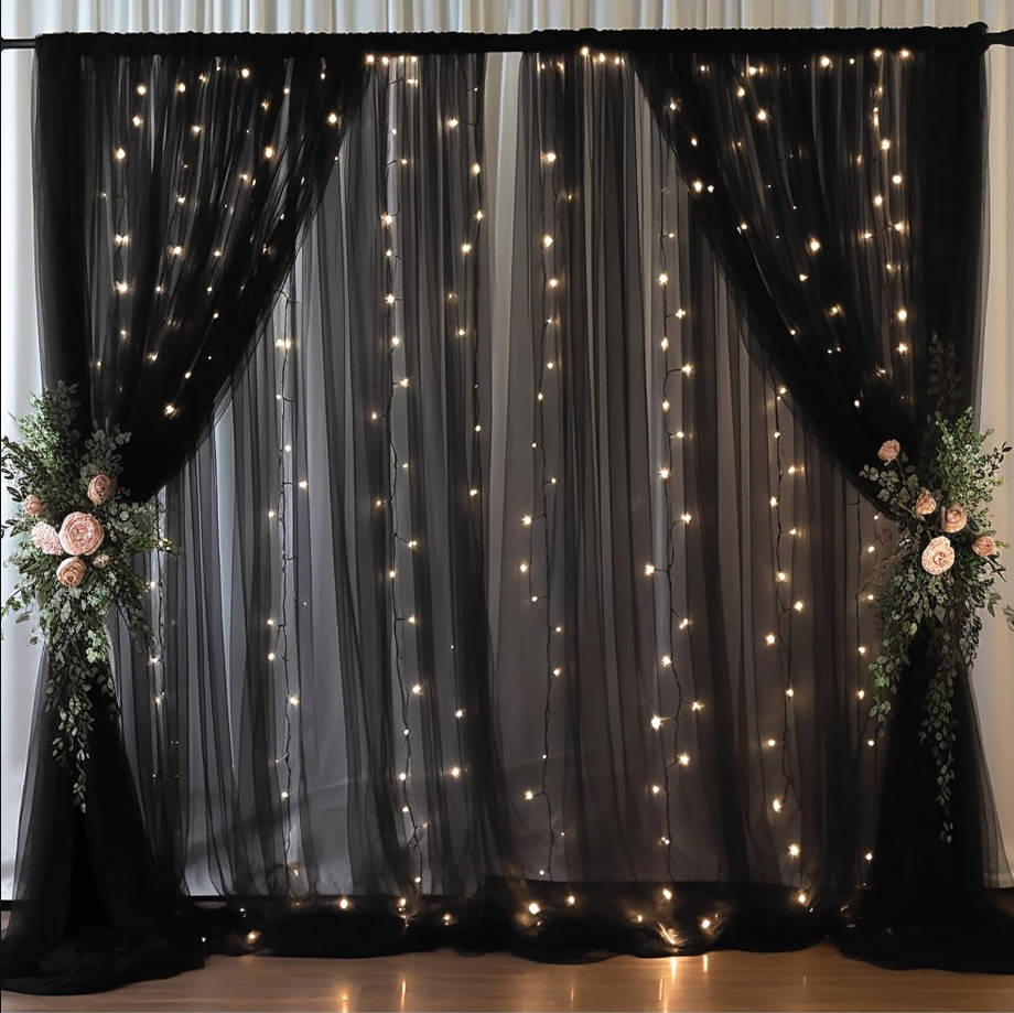 20x10ft Black Tulle Backdrop Curtain with Lights String for Parites, Sheer Backdrop Curtains for Wedding Baby Shower Birthday Party Photo Shoot Decorations