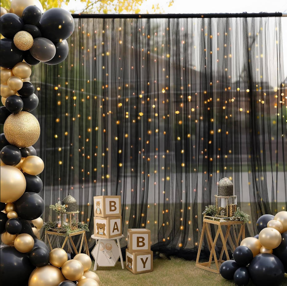 20x10ft Black Tulle Backdrop Curtain with Lights String for Parites, Sheer Backdrop Curtains for Wedding Baby Shower Birthday Party Photo Shoot Decorations