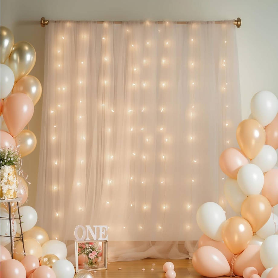 20x10ft Champagne Tulle Backdrop Curtain with Lights String for Parites, Sheer Backdrop Curtains for Wedding Baby Shower Birthday Party Photo Shoot Decorations