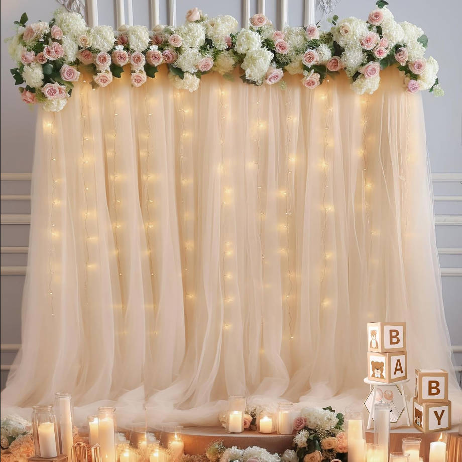 20x10ft Champagne Tulle Backdrop Curtain with Lights String for Parites, Sheer Backdrop Curtains for Wedding Baby Shower Birthday Party Photo Shoot Decorations